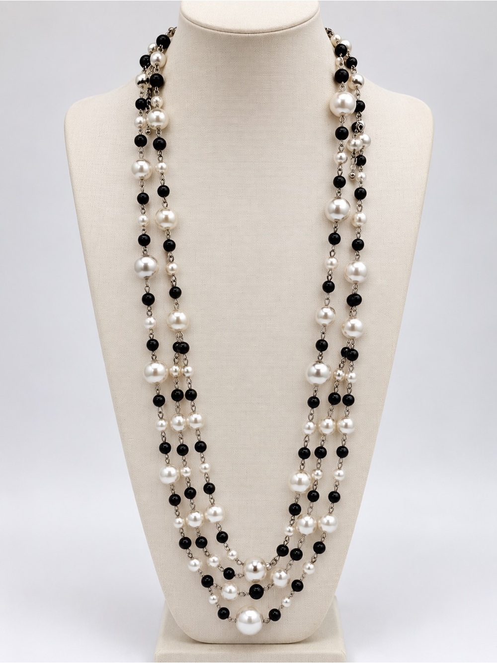 Black White Faux Pearl/Bead Multi Strand Statement Necklace 32”✨Like New